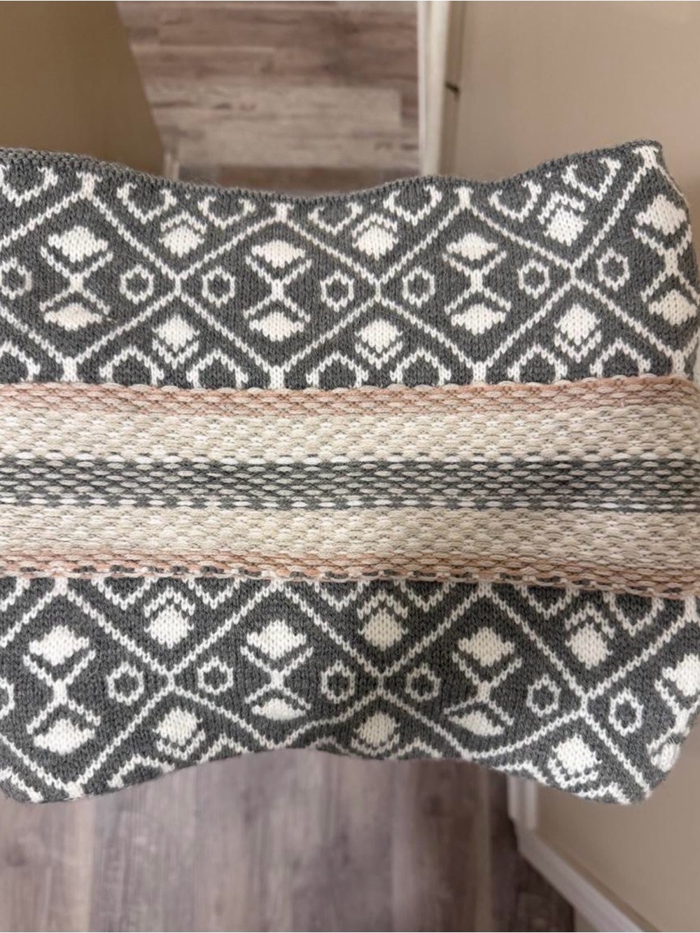 Gray Cream Fair Isle Knit Infinity Scarf Cowl Neutral Boho Winter